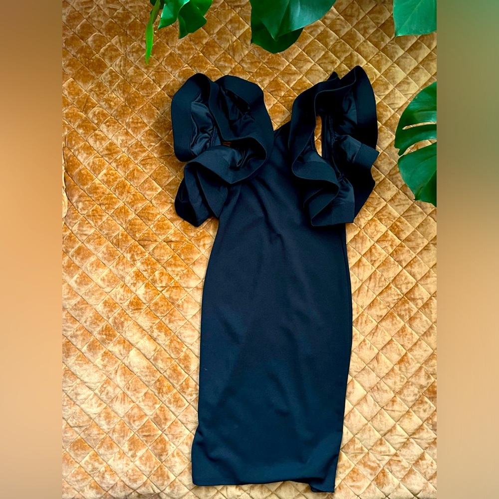 Black midi dramatic ruffle sleeve dress